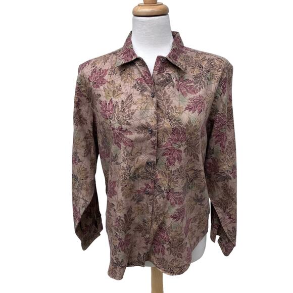 Vintage L.L. Bean Shirt Sz 14 Button Down Brown Leaf Print Outdoor Gorpcore - Picture 1 of 9